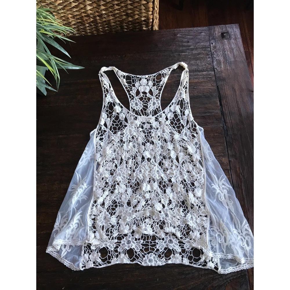 Phase One white tank with mesh and crochet detail